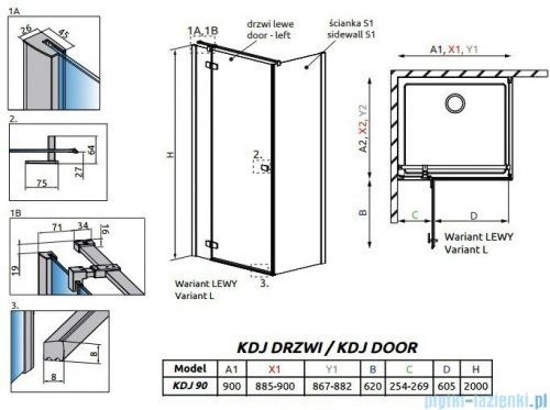 Radaway Fuenta New Kdj drzwi 90cm lewe szkło przejrzyste 384044-01-01L