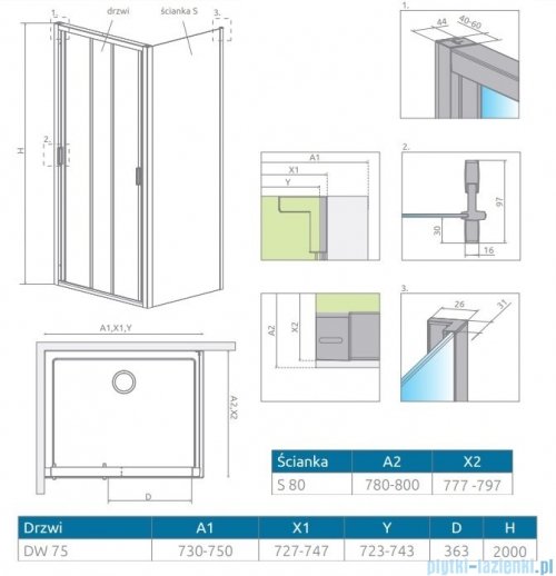 Radaway Evo DW+S kabina 75x80 szkło przejrzyste 335075-01-01/336080-01-01