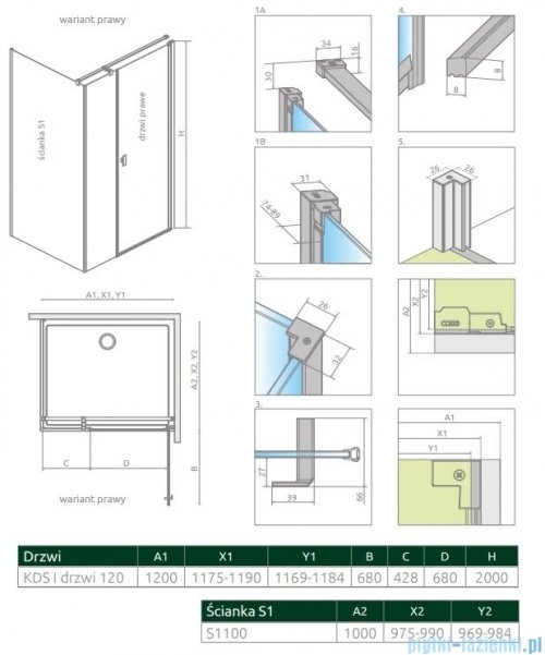 Radaway Nes 8 Kds I kabina 120x100cm prawa przejrzyste 10073120-01-01R/10073112-01-01/10089100-01-01