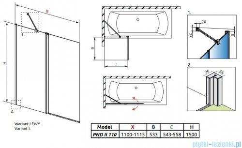 Radaway Nes Black Pnd II parawan nawannowy 110cm lewy czarny mat/szkło przejrzyste 10009110-54-01L