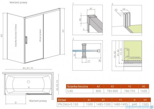 Radaway Idea Black Pn Dwj+S parawan nawannowy 150x80cm prawy przejrzyste rysunek techniczny