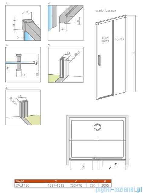 Radaway Idea 8 Dwj Brushed Gold drzwi wnękowe 160cm prawe szczotkowane złoto 10330820-99-01R/10350753-01-01