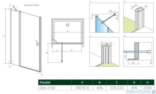 Radaway Nes Dwj II drzwi wnękowe 80cm lewe szkło przejrzyste rysunek techniczny