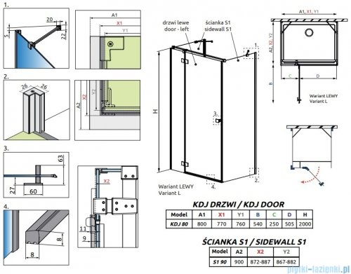 Radaway Essenza Brushed GunMetal Kdj+S kabina 90x80x90cm lewa szczotkowany grafit 1384050-01-01/1385021-92-01L/1384050-01-01