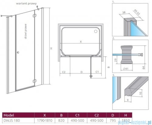 Radaway Torrenta Dwjs drzwi wnękowe 180 prawe szkło przejrzyste 320812-01-01R/320443-01-01