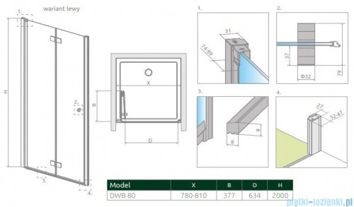 Radaway Nes Dwb drzwi wnękowe 80cm lewe szkło przejrzyste rysunek techniczny