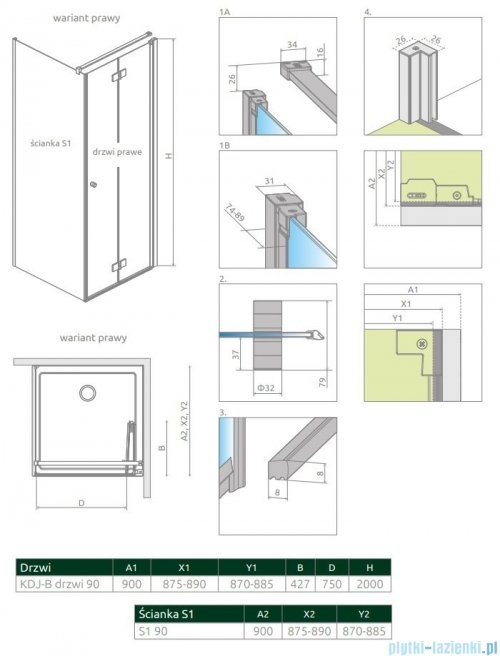 Radaway Nes KDJ B kabina 90x90 prawa przejrzyste 10025090-01-01R/10039090-01-01