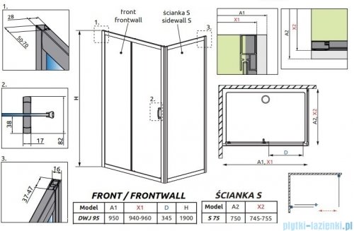 Radaway Premium Plus DWJ+S kabina prysznicowa 95x75cm szkło przejrzyste 33304-01-01N/33402-01-01N
