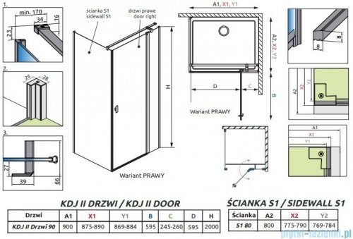 Radaway Nes 8 Black Kdj II kabina 90x80cm prawa czarny mat/szkło przejrzyste 10086090-54-01R/10089080-01-01