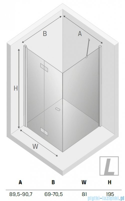 New Trendy New Soleo Light Gold 90x70x195 cm kabina lewa drzwi składane pojedyncze wspornik skośny złoty jasny połysk/szkło przejrzyste  K-1907