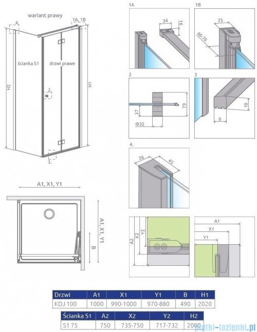 Radaway Essenza New KDJ-B kabina prysznicowa 100x75 prawa przejrzyste + brodzik Delos D + syfon 385083-01-01R/384049-01-01/4D17555-03