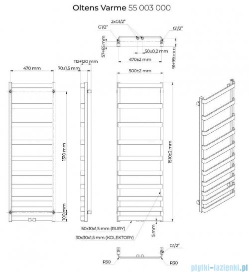 Oltens Varme grzejnik łazienkowy 151x50 cm czarny mat 55003300