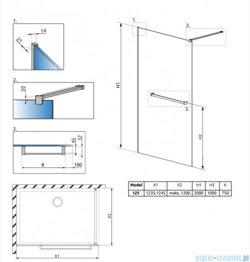 Radaway Modo New II Brushed Nickel z wieszakiem kabina Walk-in 125x200 szczotkowany nikiel 389125-91-01W