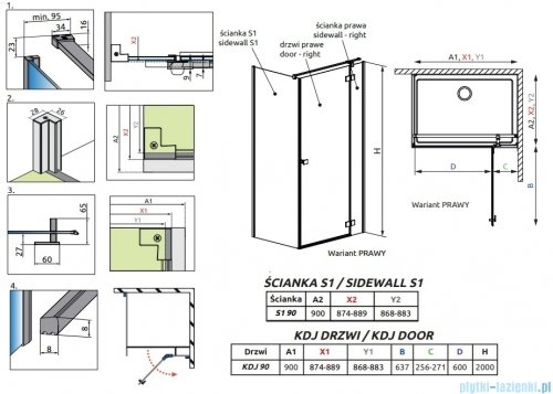  Radaway Essenza 8 Brushed Copper Kdj kabina 90x90cm prawa szczotkowana miedź 10480612-01-01R/10470237-93-01R/10113090-01-01