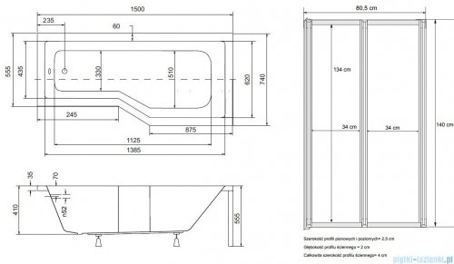 Besco Integra 150x75cm Wanna asymetryczna Prawa + parawan 2-skrzydłowy #WAI-150-PP2