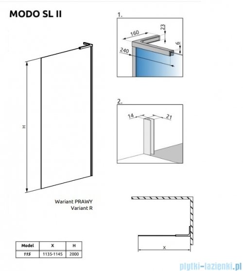 Radaway Modo SL Black II kabina Walk-in 115x200 prawa czarny mat/szkło przejrzyste 10319115-54-01R