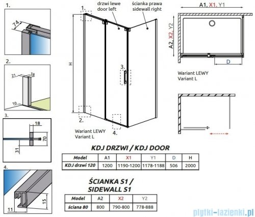 Radaway Espera KDJ Kabina prysznicowa 120x80 lewa szkło przejrzyste + Brodzik Argos D + syfon 380595-01L/380232-01L/380148-01R/4AD812-01