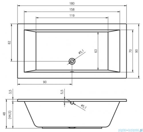 Riho Lusso 180x90cm wanna prostokątna z hydromasażem Pneumatic S2 lewa + nogi + syfon BA77-PNES2-L