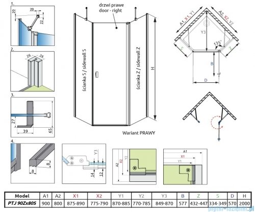 Radaway Nes Brushed Nickel Ptj kabina pięciokątna 90x80cm prawa szczotkowany nikiel 10052000-91-01R/10052300-91-01
