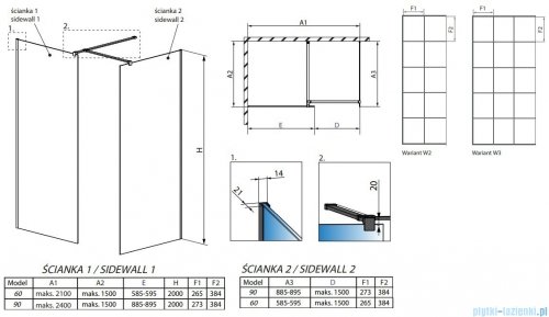 Radaway Modo New Black III kabina Walk-in 60x90x200 Factory rysunek techniczny