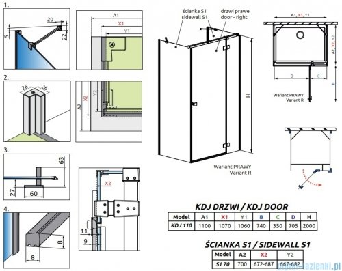 Radaway Essenza Brushed GunMetal Kdj+S kabina 70x110x70cm prawa szczotkowany grafit 1384048-01-01/1385023-92-01R/1384048-01-01
