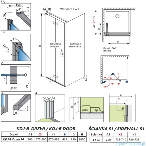 Radaway Nes 6 Kdj B Brushed Light Gold kabina 90x75cm lewa szczotkowane jasne złoto 10025090-98-01L/10039075-01-01