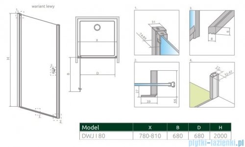 Radaway Nes 8 Dwj I Drzwi wnękowe 80cm lewe szkło przejrzyste 10076080-01-01L