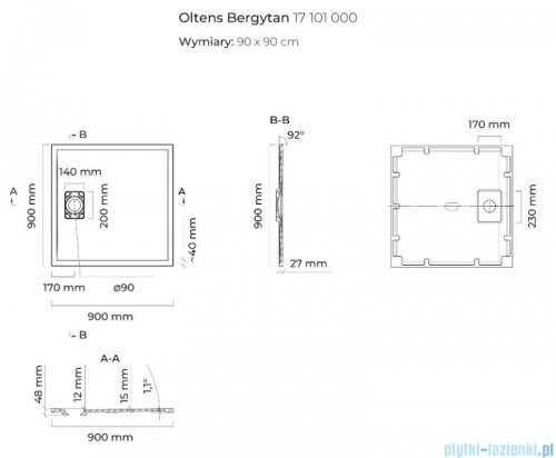 Oltens Bergytan brodzik kwadratowy 90x90 cm RockSurface czarny mat 17101300