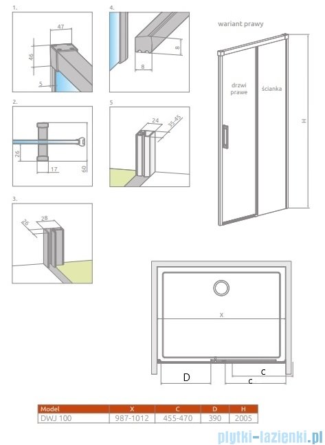 Radaway Idea Black 8 Dwj drzwi wnękowe 100cm prawe czarny mat/szkło przejrzyste 10330520-54-01R/10350453-01-01