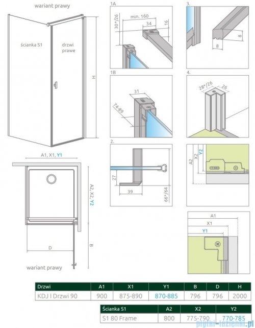 Radaway Nes 8 Black Kdj I Frame kabina 90x80cm prawa czarny mat/szkło przejrzyste 10072090-54-56R/10089080-54-56