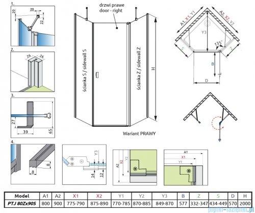 Radaway Nes Gold Ptj kabina pięciokątna 80x90cm prawa złoty połysk 10052000-09-01R/10052600-09-01