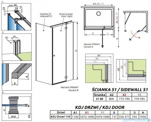 Radaway Torrenta KDJ kabina prysznicowa 110x80 prawa przejrzyste wspornik krzyżowy 133211-01-01R/1330080-01-01