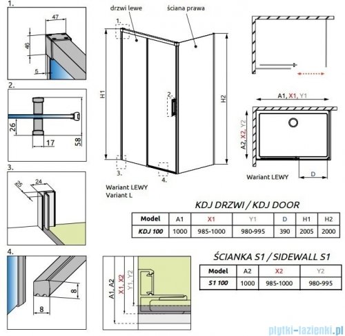 Radaway Idea Kdj Brushed GunMetal kabina 100x100cm lewa szczotkowany grafit 387040-92-01L/387052-92-01R