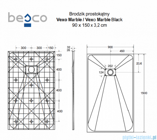 Besco Vexo Marble 150x90cm brodzik prostokątny VM-150-90-P