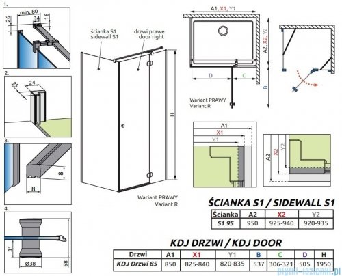Radaway Torrenta KDJ kabina prysznicowa 85x95 prawa przejrzyste wspornik krzyżowy 133285-01-01R/1330095-01-01
