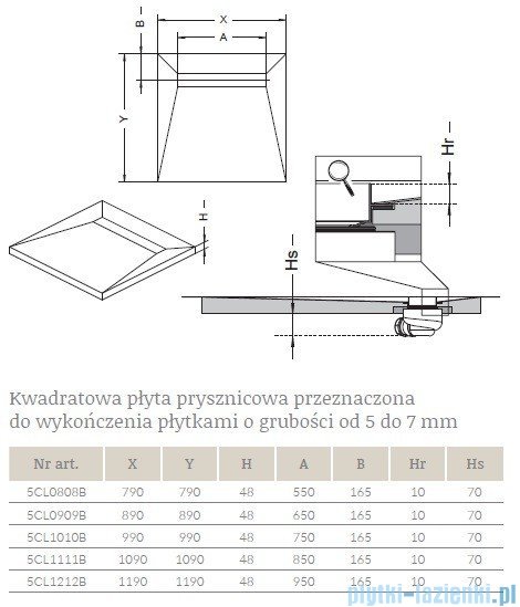 Radaway brodzik podpłytkowy z odpływem liniowym Steel 79x79cm 5CL0808B,5R055S,5SL1