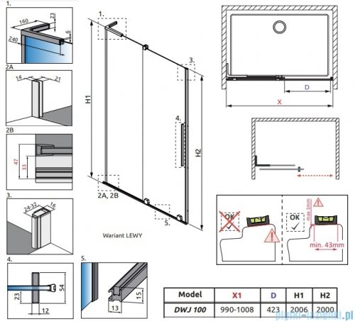 Radaway Furo SL Black DWJ drzwi 100cm lewe czarny mat/szkło przejrzyste 10307522-54-01L/10110480-01-01