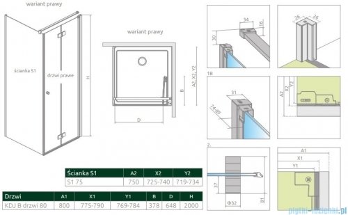 Radaway Nes 8 KDJ B kabina 80x75 prawa przejrzyste 10075080-01-01R/10089075-01-01