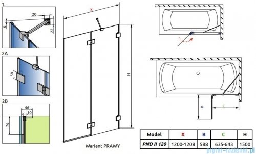 Radaway Essenza Pro Brushed Gold Pnd II parawan nawannowy 120cm prawy szczotkowane złoto 10102120-99-01R