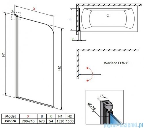 Radaway Eos PNJ Parawan nawannowy 70 lewy szkło przejrzyste 205101-101L