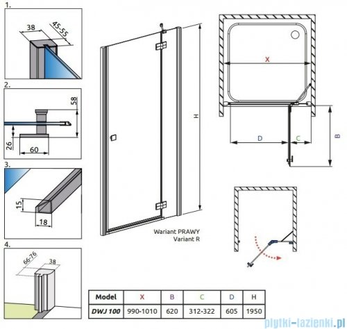 Radaway Almatea DWJ Drzwi wnękowe 100 Prawe szkło intimato 31302-01-12N