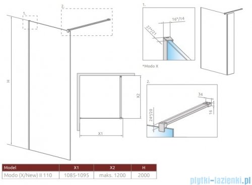 Radaway Modo X Black II kabina Walk-in 110x200 szkło przejrzyste 10mm 389314-54-01