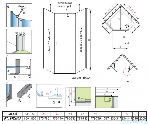 Radaway Nes Gold Ptj kabina pięciokątna 80x80cm prawa złoty połysk 10052000-09-01R/10052500-09-01
