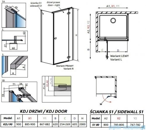 Radaway Essenza New Kdj kabina 90x80cm prawa szkło przejrzyste 385044-01-01R/384051-01-01