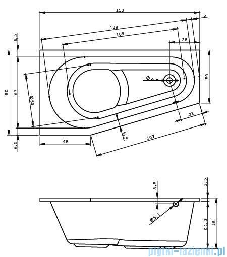 Riho Delta wanna asymetryczna 150x80cm prawa nóżki+syfon B066001005/207093/208865