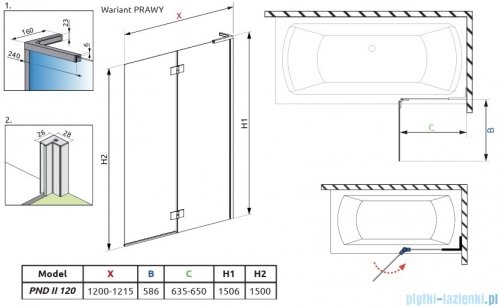 Radaway Essenza 8 SL Brushed Copper PND II parawan nawannowy 120cm prawy szczotkowana miedź/przejrzyste 10500120-93-01L