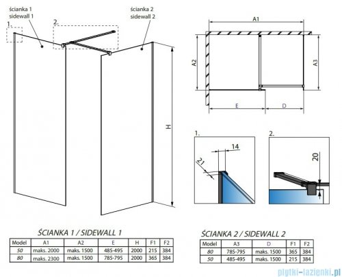 Radaway Modo New Black III kabina Walk-in 50x80x200 Frame rysunek techniczny