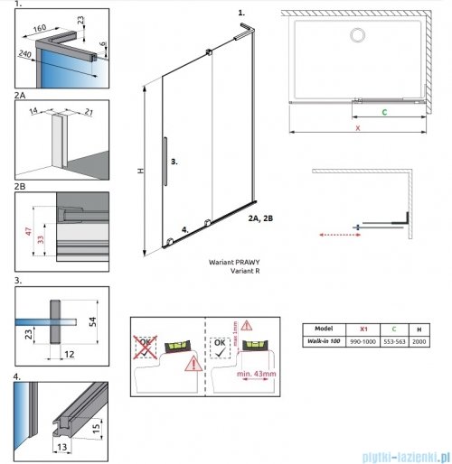 Radaway Furo SL kabina Walk-in 100x200cm prawa szkło przejrzyste 10306538-01-01R/10110494-01-01