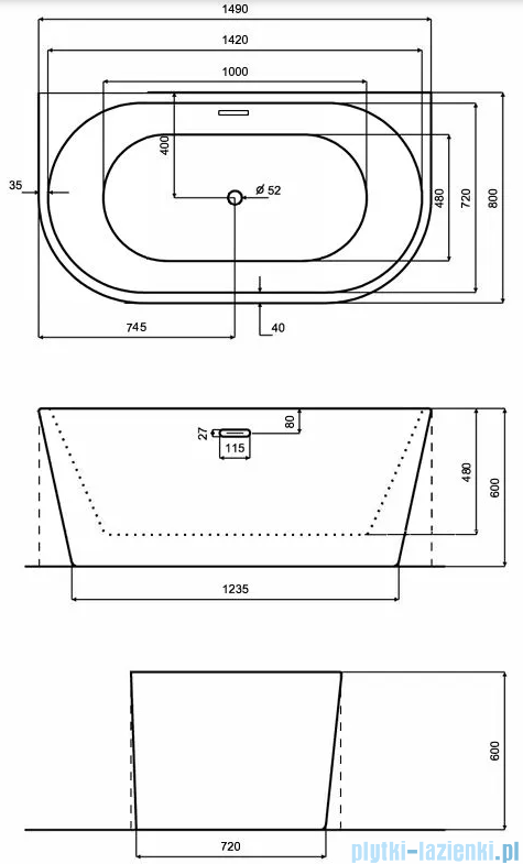 Besco Vica New wanna 160x80cm wolnostojąca przyścienna z przelewem szczelinowym slim syfon klik-klak złoty #WAS-160VNZL