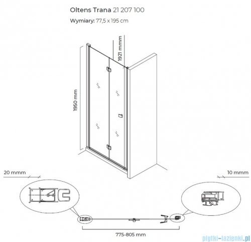 Oltens Trana drzwi prysznicowe wnękowe 80cm szkło przejrzyste 21207100